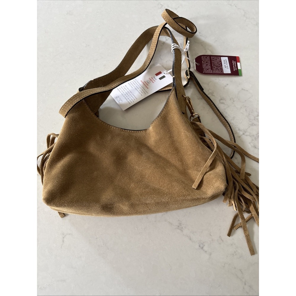ISADORA Honey Brown Suede Leather Fringe Boho Crossbody Shoulder Bag Made Italy
